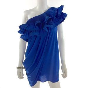 BCBG DRESS ONE SHOULDER BLUE RUFFLE DRAPE GRECIAN